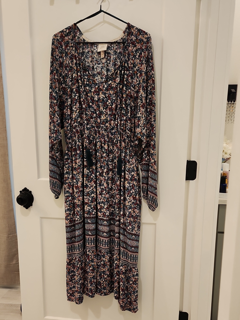 Boho Floral Long Sleeve Maxi Dress Multi Color With  Green & Burgandy
